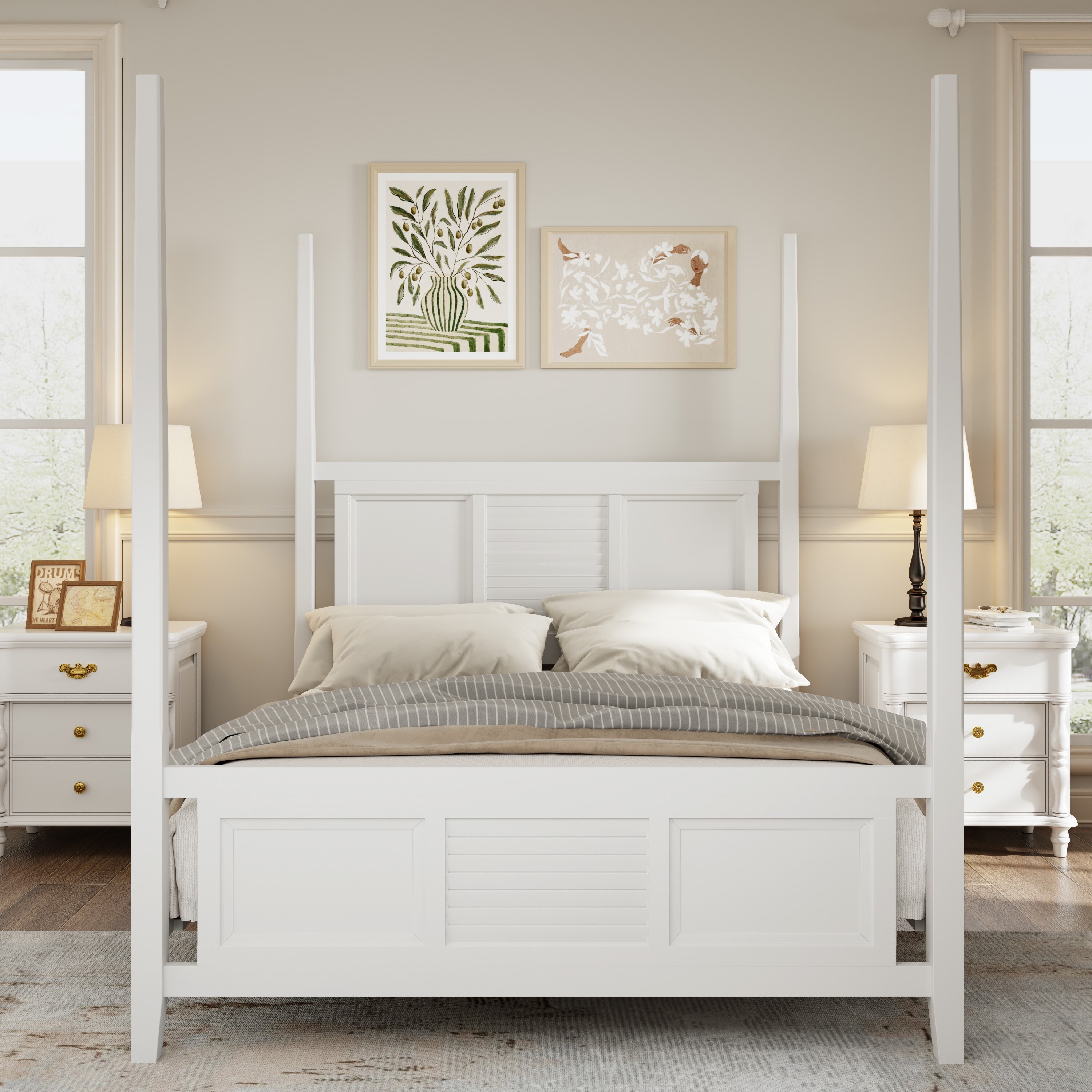 Traditional Queen Size Solid Wood Four Poster Bed with Horizontal