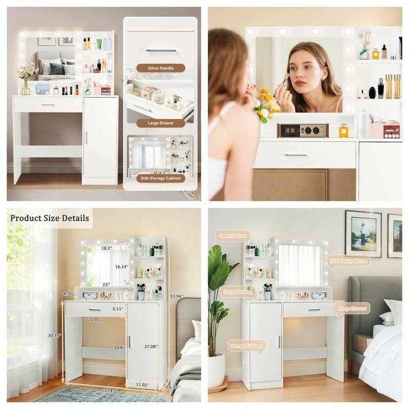 Makeup Vanity w/ Open Shelves, 3 Lighting Modes Adjustable Brightness