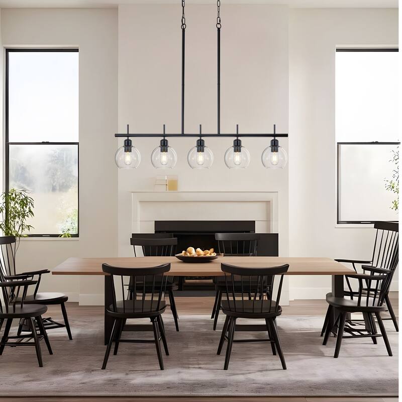 Starsky 5-Light Modern Linear Kitchen Island Pendant with Seeded Glass Globes, Adjustable Height, Black or Gold
