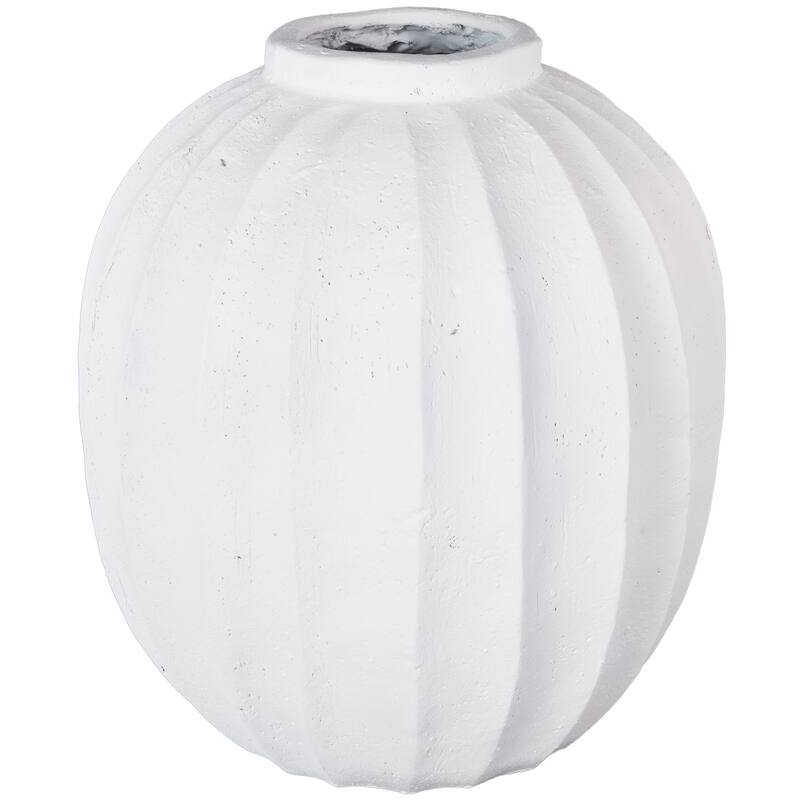 White Magnesium Oxide Wide Decorative Vase with Carved Grooves