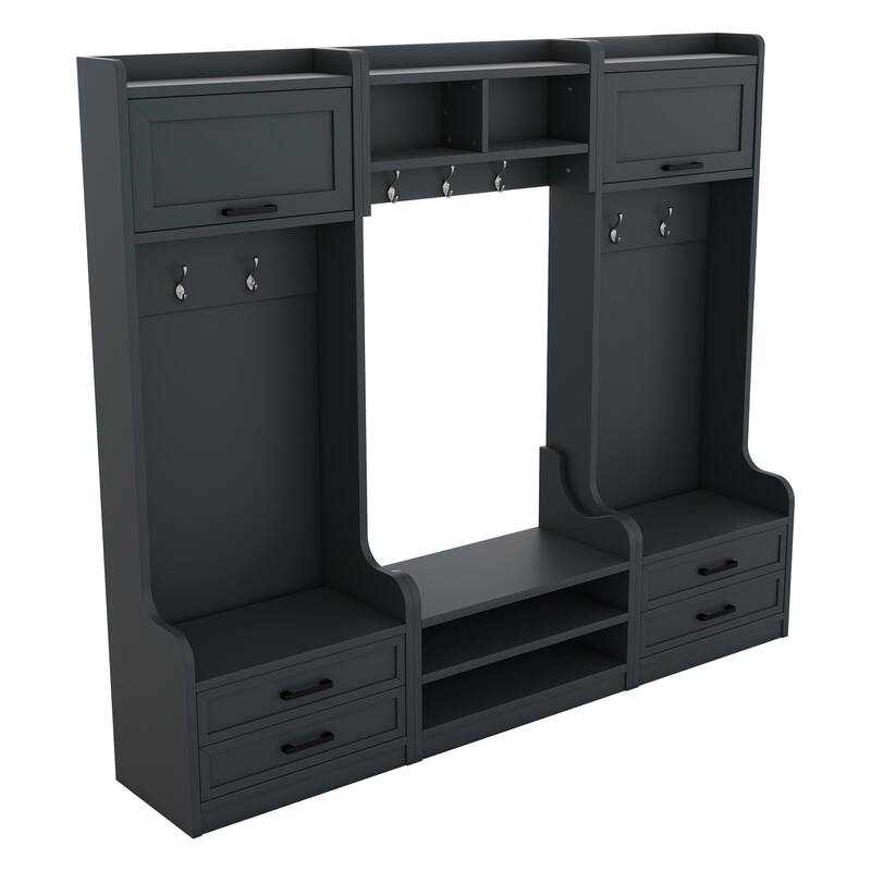 4-in-1 Detachable Hall Tree with Storage, 7 Hooks, Coat Rack, Drawers & Cabinet, Black Shoe Bench for Entryway Hallway