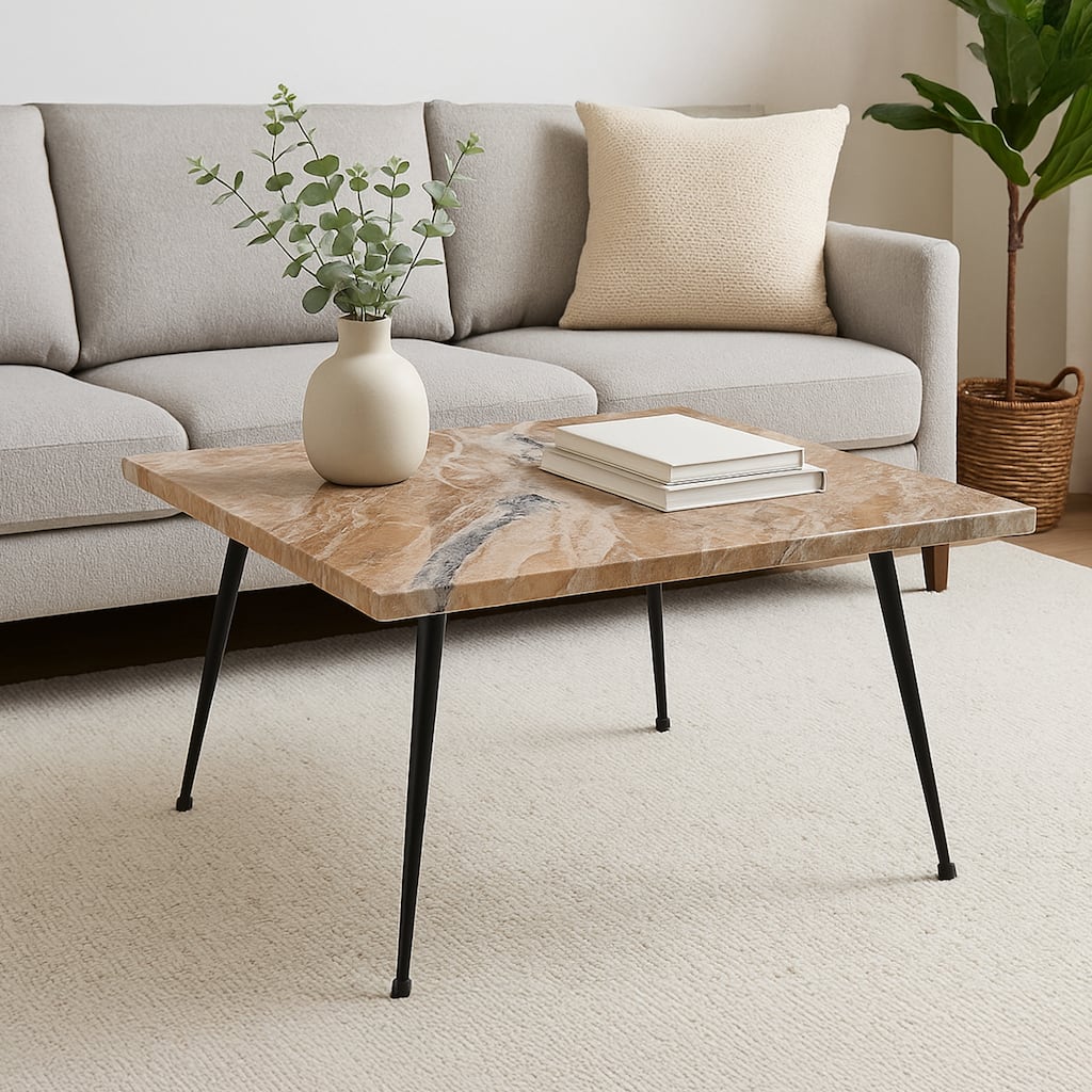 Taro Coffee Table, 24 Inch Square Taupe Brown Real Marble Top, Black Metal Legs