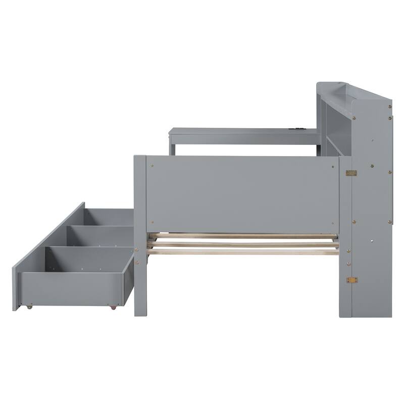 Gray Twin Size Wooden Daybed with 3 Drawers, USB Ports & Desk