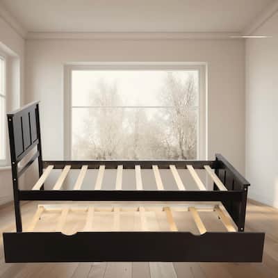 Twin Size Wooden Platform Bed Frame with Space-Saving Trundle for Extra Sleeping Space, for Bedroom, Guest Room, Sleepover