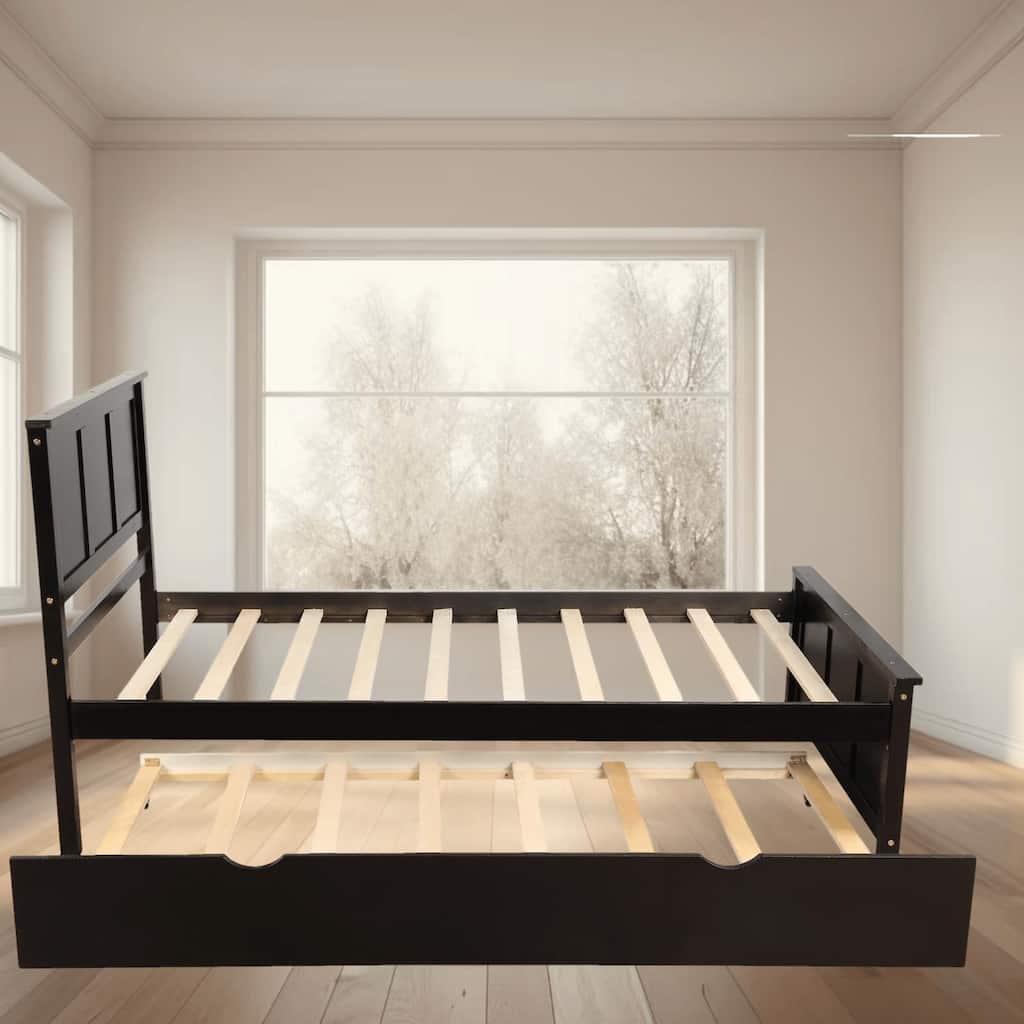 Twin Size Wooden Platform Bed Frame with Space-Saving Trundle for Extra Sleeping Space, for Bedroom, Guest Room, Sleepover