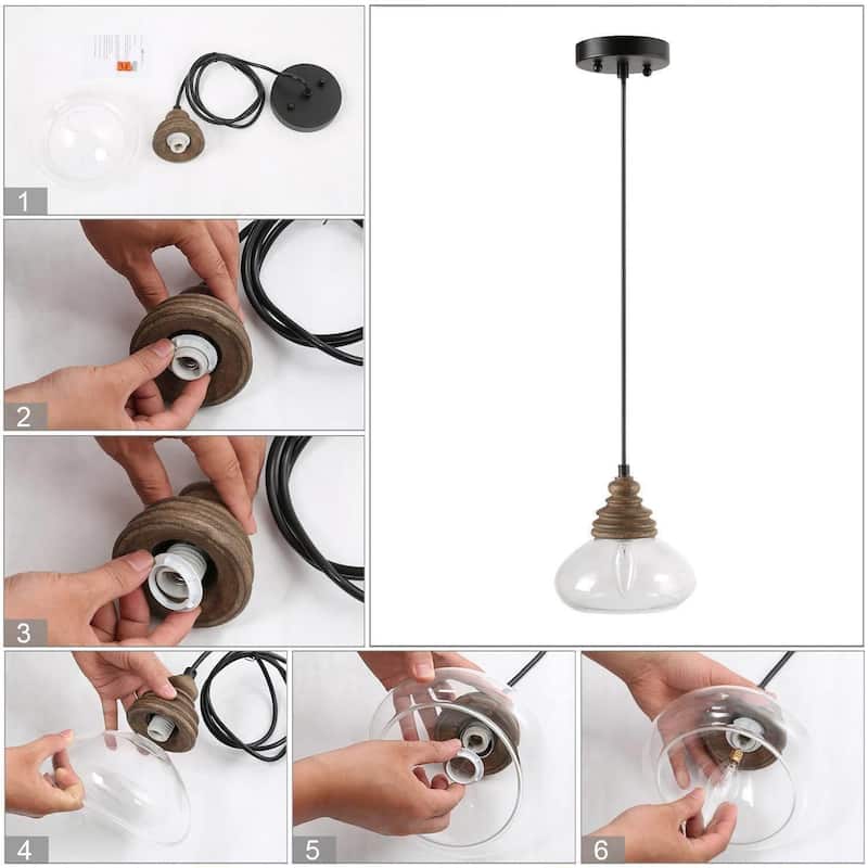 Modern Farmhouse 1-Light Wood Pendant Glass Lights for Kitchen Island