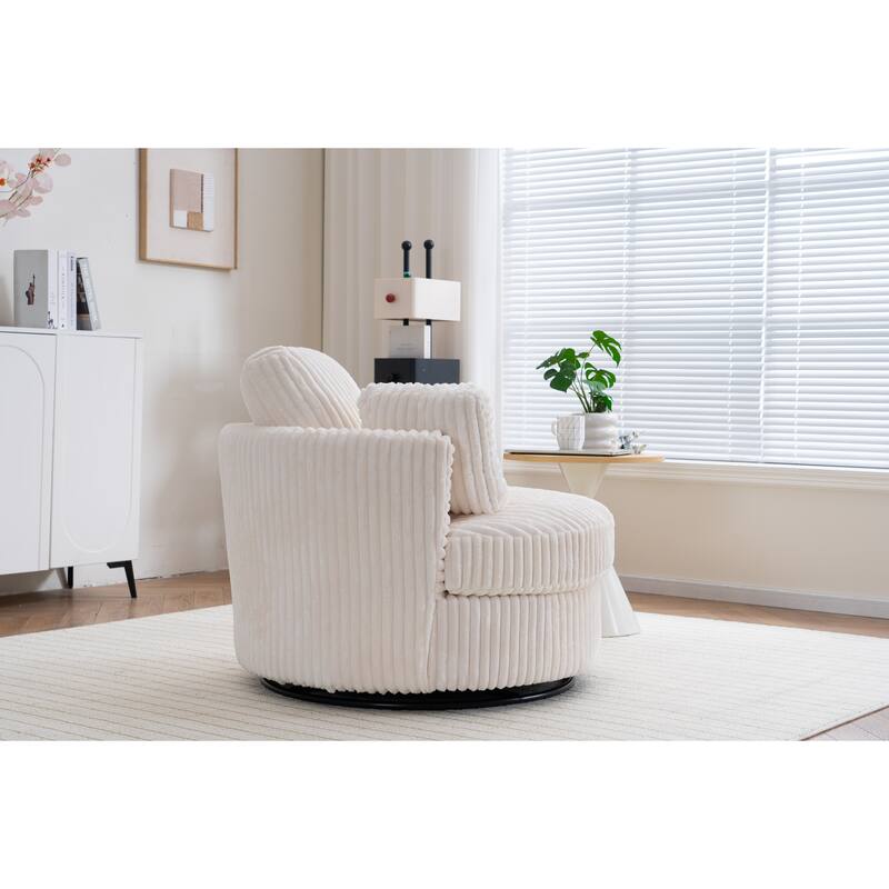 Corduroy Swivel Barrel Chair, Ergonomic Upholstered Round Armchair, Reading Sofa Chair with 3 Pillows & Thick Cushion