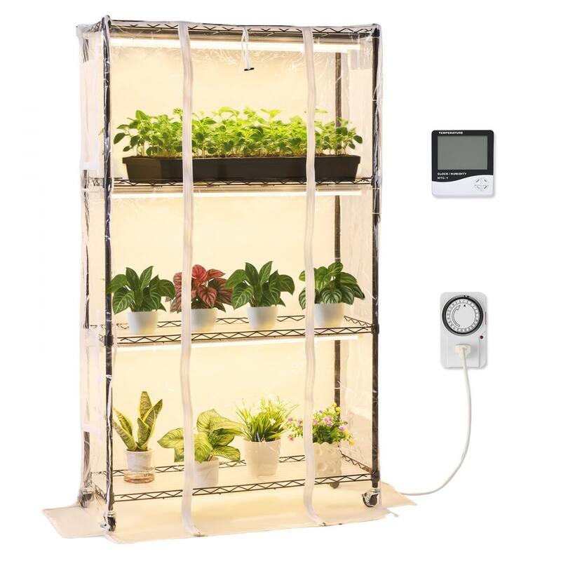 Black-Clear Metal 4-Tier Indoor Greenhouse Plant Stand with Cover and 6 Warm LED Lights and Timer - 35.43 x 13.78 x 59.06 in