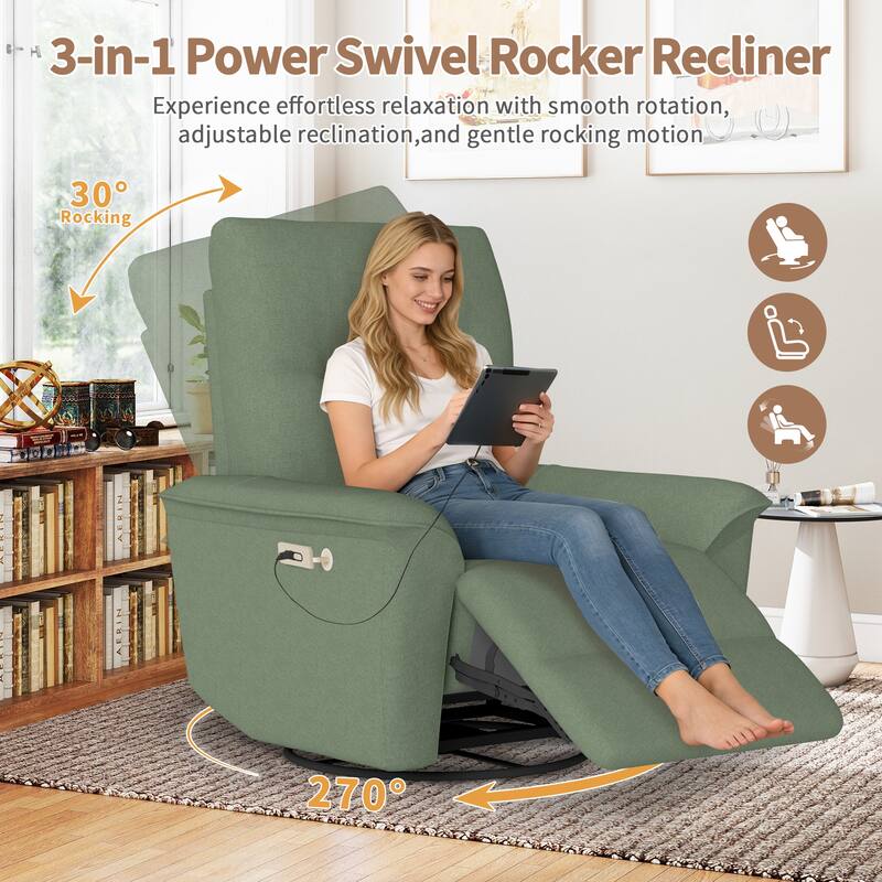 270°Power Swivel Rocker Recliner Chair w/Phone Holder, Electric Glider Reclining Sofa with USB Ports, Power Swivel Glider