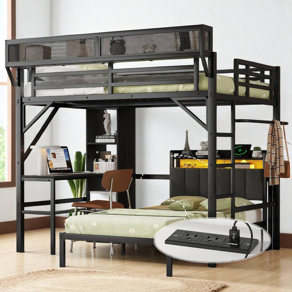 Full Over Twin Metal Bunk Bed with Desk, Bookshelves, LED Lights & Charging Station, Detachable Loft Bed