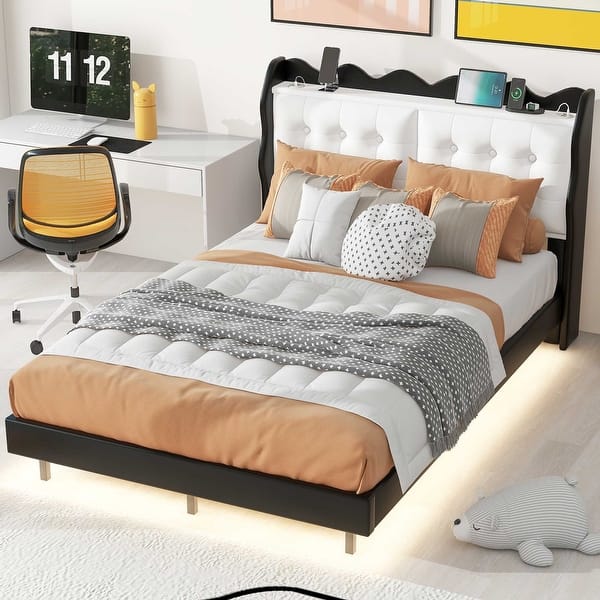 slide 2 of 12, Stylish Upholstery Platform Bed with LED Light Strips, Storage Headboard & 2 USB Charging Black - Full