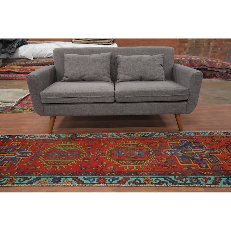 Hand Knotted Oriental 100% Wool Carpet Traditional Geometric Oranges & Rust Heriz Runner Rug - 10' 6'' X 2' 7''