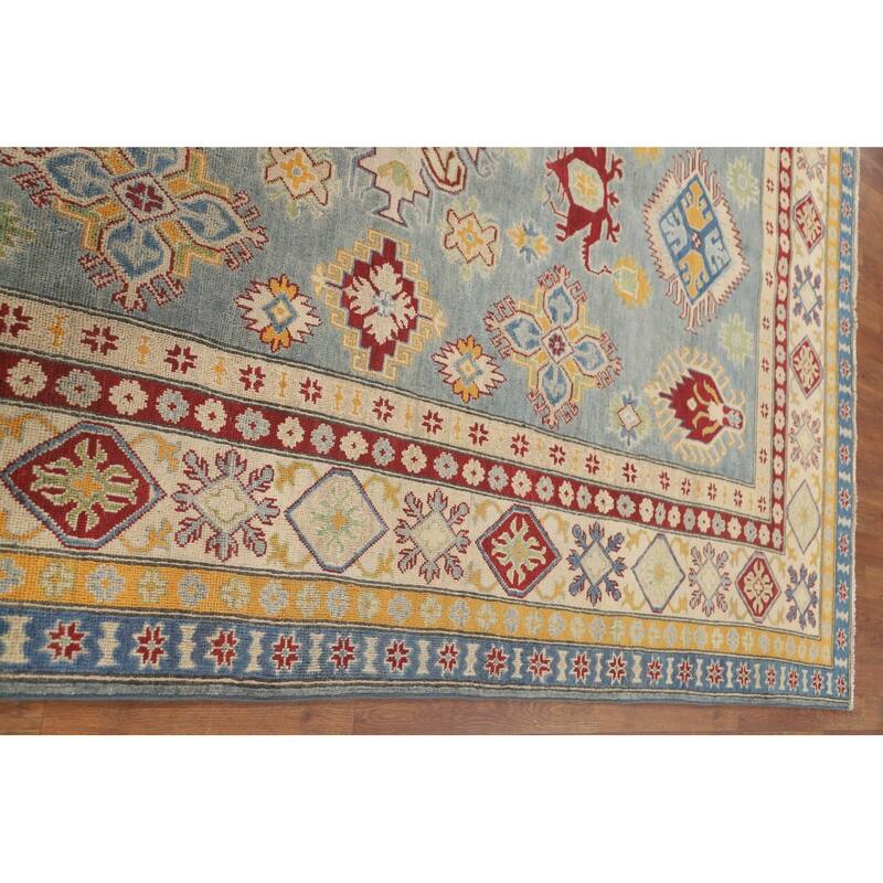 Geometric Kazak Area Rug Handmade Oriental Blue Wool Carpet - 6'7" x 9'10"
