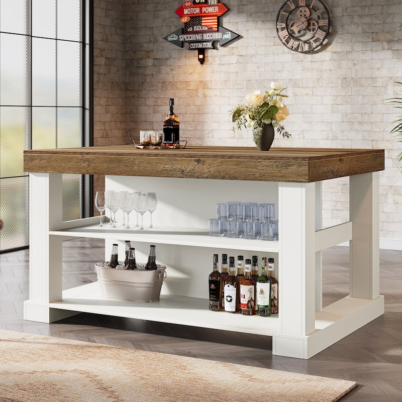 55-Inch Large Home Bar Unit, 3-Tier Pub Table with Storage Shelves - N/A