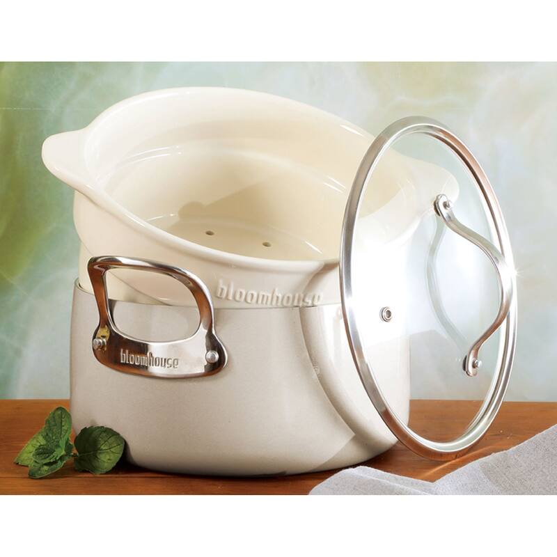 Bloomhouse 6-QT Aluminum Dutch Oven w/ Non-Stick Non-Toxic Ceramic Interior and Ceramic Steamer Insert