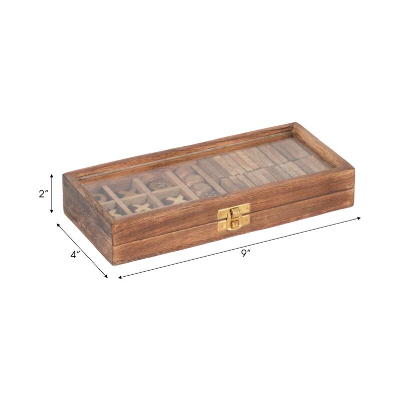 Sagebrook Home 9x4 Mango Wood, Glass & Brass Table Game Box, Elegant Brown Entertainment Piece for Family Gatherings