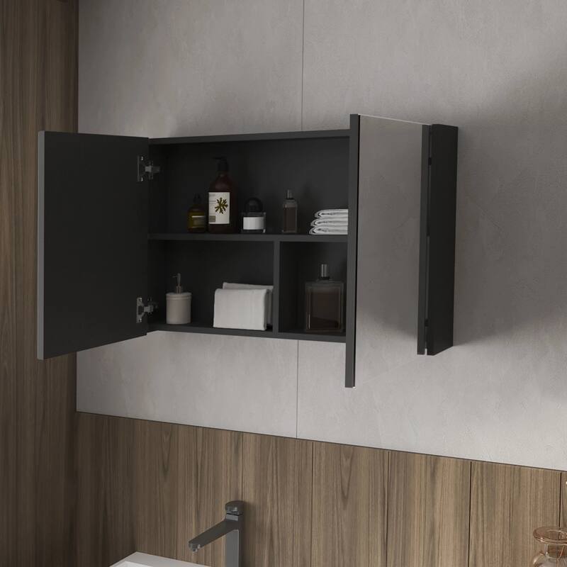 Wall-Mounted Medicine Cabinet with Two Mirrors and Three Shelves, Black Finish, Space-Saving Storage