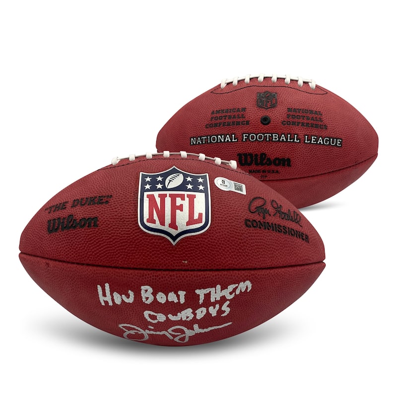 Jimmy Johnson Autographed NFL Duke Authentic Game Signed Football HOW BOUT THEM COWBOYS Beckett COA - 8' x 11'