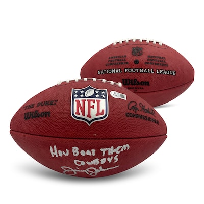 Jimmy Johnson Autographed NFL Duke Authentic Game Signed Football HOW BOUT THEM COWBOYS Beckett COA - 8' x 11'