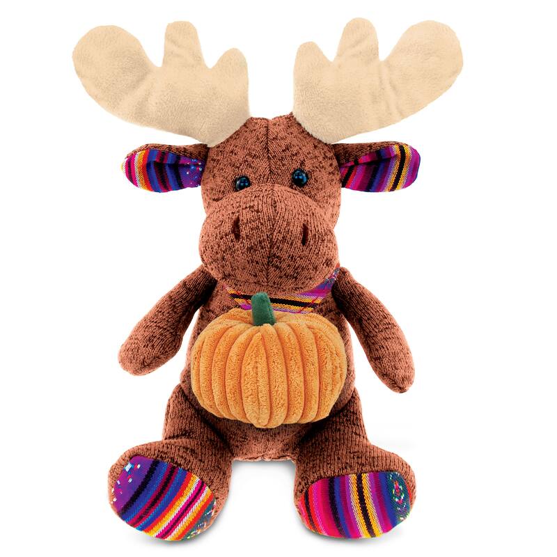 DolliBu Sitting Brown Moose Stuffed Animal with Pumpkin Decor - 11 inches