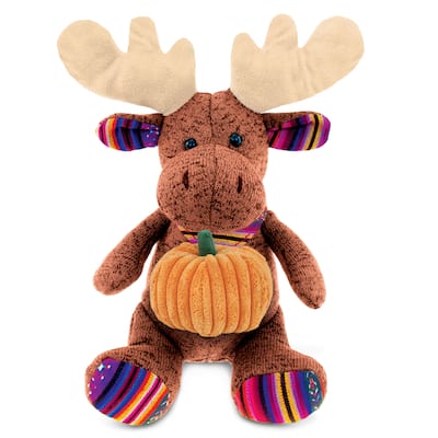 DolliBu Sitting Brown Moose Stuffed Animal with Pumpkin Decor - 11 inches