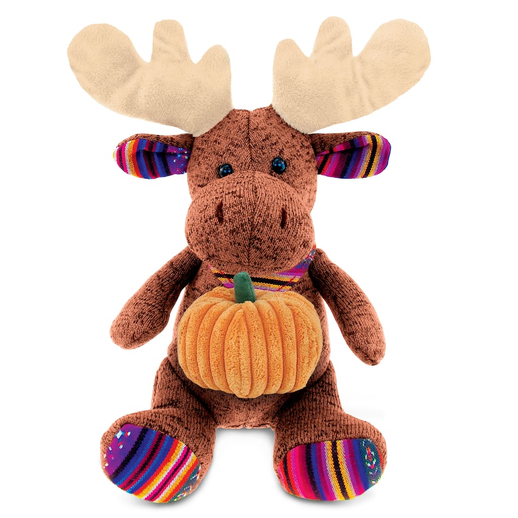DolliBu Sitting Brown Moose Stuffed Animal with Pumpkin Decor - 11 inches
