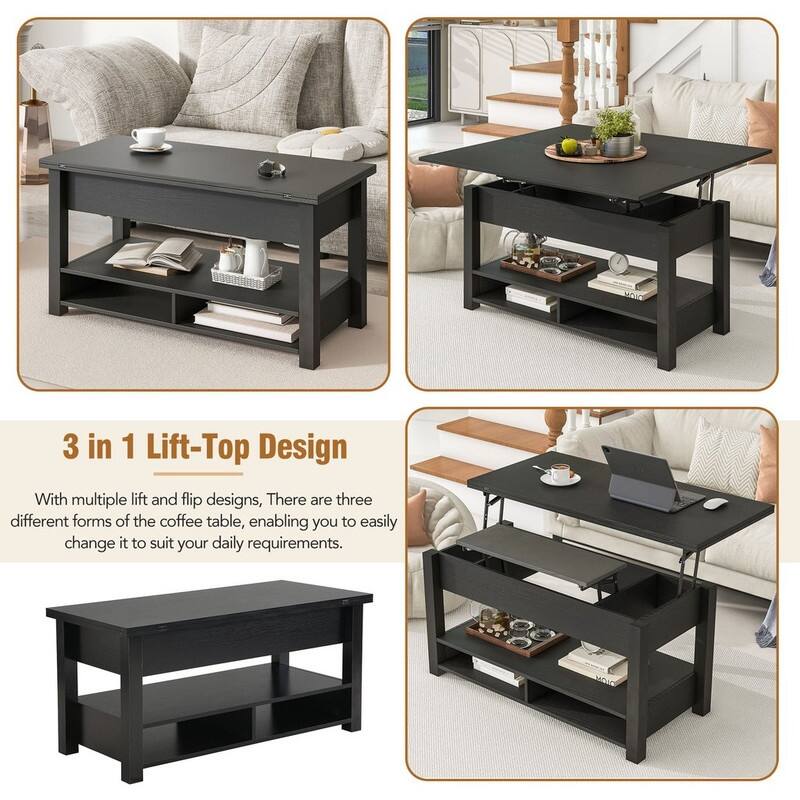MultiFunctional Coffee Table with Open Shelves, Modern Lift Tabletop