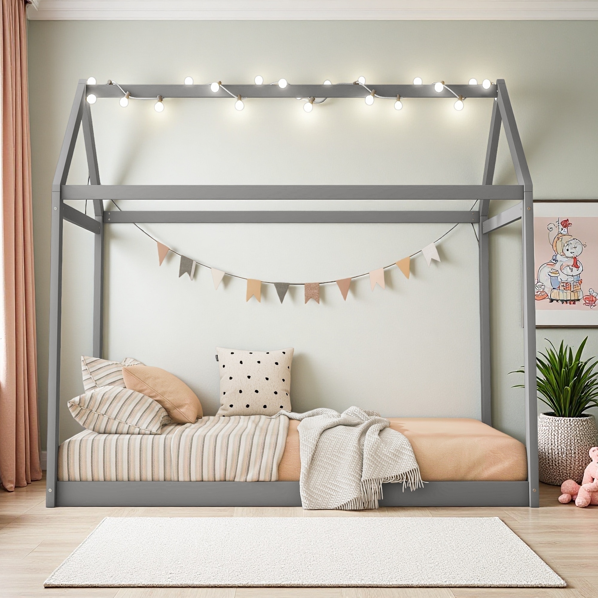 Twin Size Wooden House Canopy Bed