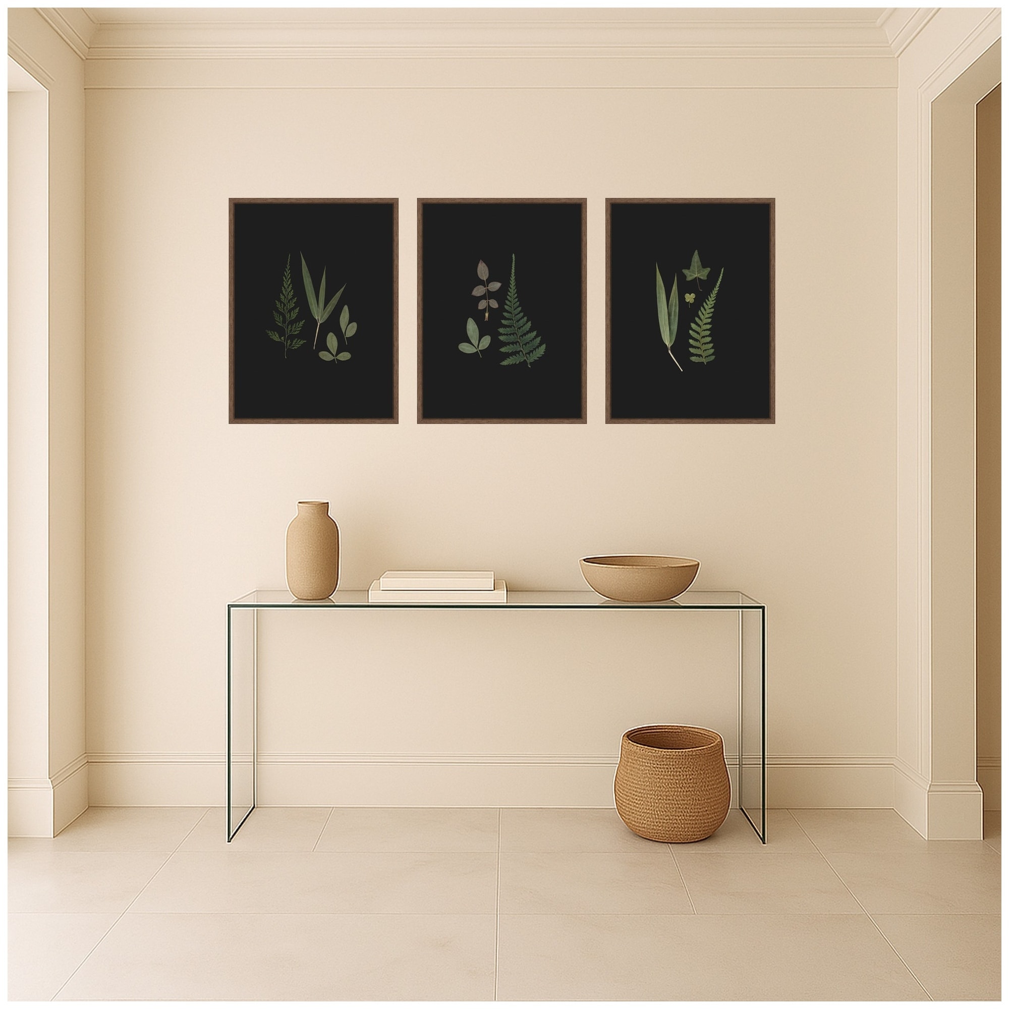 Kate and Laurel Minimalist Botanical Leaf on Black 3 Piece Framed Canvas Wall Art Set by Stephanie Klatt