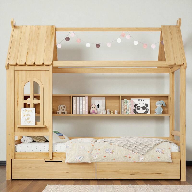Twin/Full Size Wooden House Bed with Drawers and Shelves, Kids Platform Bed Frame with Window Roof Design