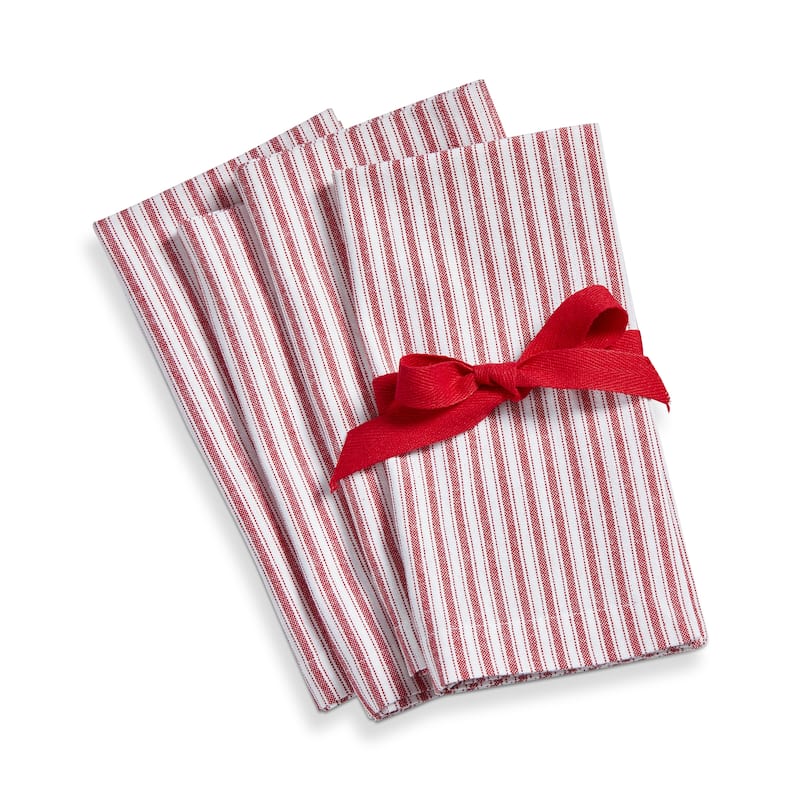 Red Ticking Stripe Cotton Napkins - Set of 4, Machine Washable Kitchen Textiles for Christmas Dining, 20" x 20"