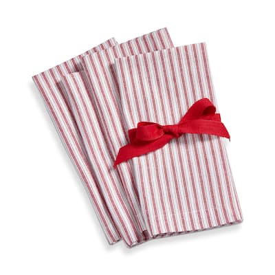 Red Ticking Stripe Cotton Napkins - Set of 4, Machine Washable Kitchen Textiles for Christmas Dining, 20" x 20"