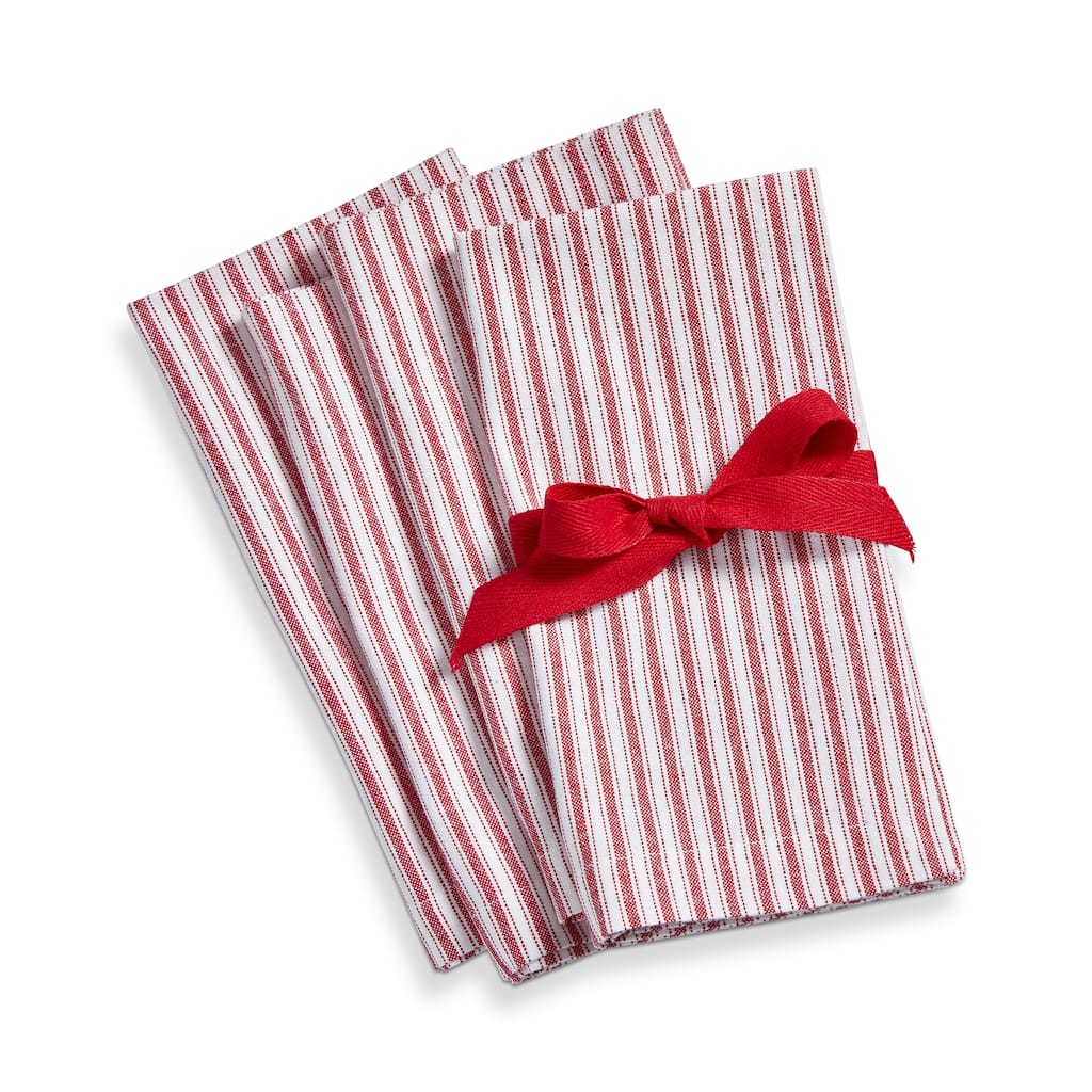Red Ticking Stripe Cotton Napkins - Set of 4, Machine Washable Kitchen Textiles for Christmas Dining, 20" x 20"
