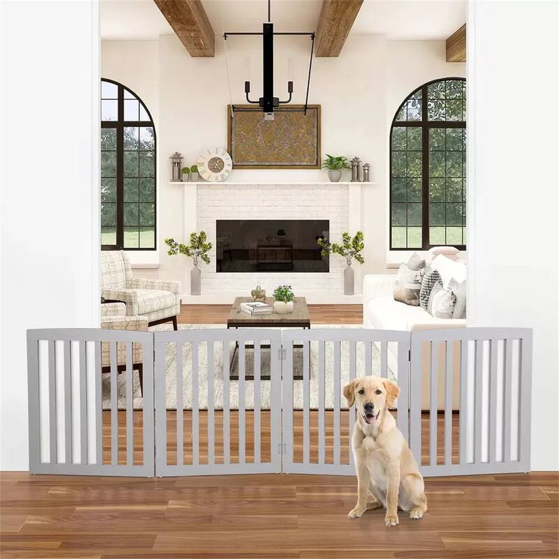 Wooden Pet Gate 24” Foldable Room Divider with Wide Slats for Stairs Hallways or Kitchens - 81.88” x 24.01 x 0.59”