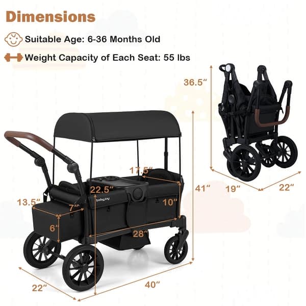 dimension image slide 1 of 2, Costway Foldable Wagon Stroller for 2 Kids, Double Seater Toddler - See Details