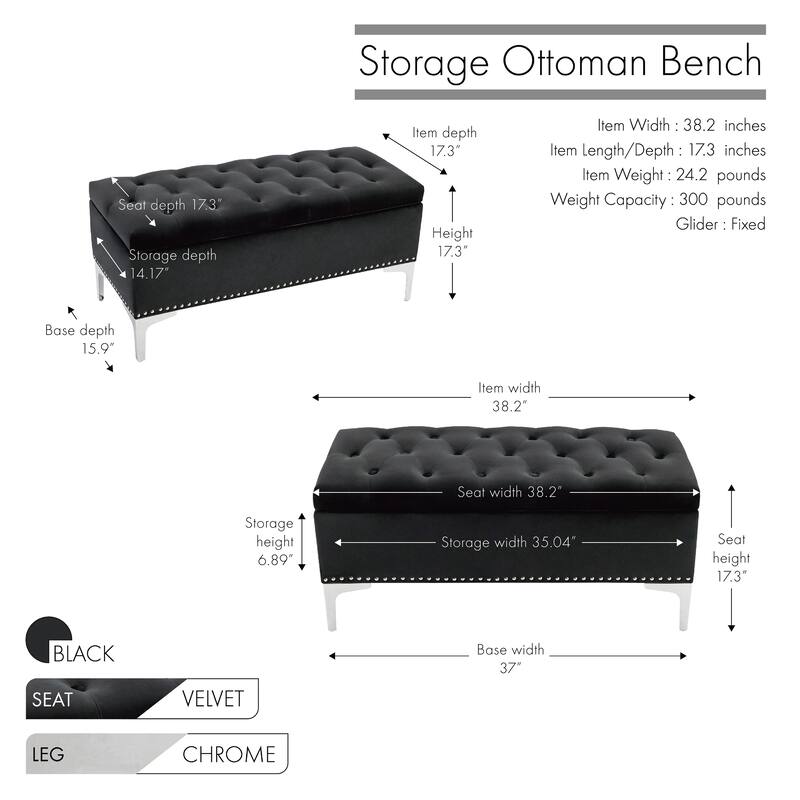 Porthos Home Helge Velvet Flip Top Storage Ottoman Bench with Chrome Legs