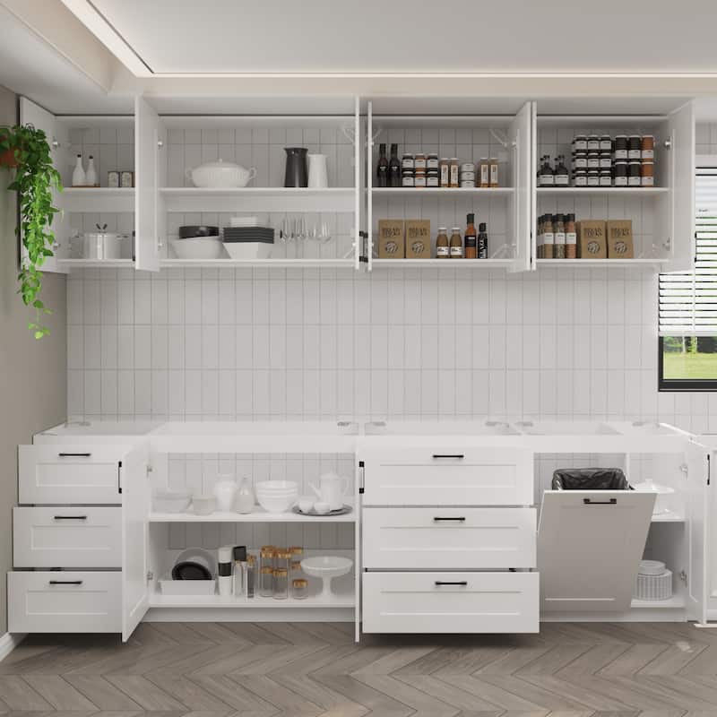Modular White Kitchen Cabinet Set Customizable Base and Wall Cabinets Pantry Storage and DIY Countertop Design(Without desktop)