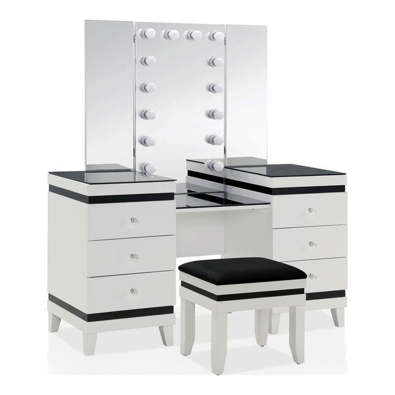 Furniture of America Janellen Modern White Wood 6-Drawer 3-Piece Makeup Vanity Set