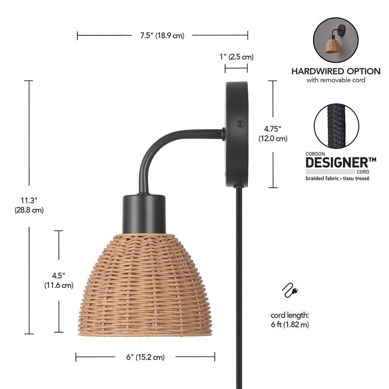 Briar 1-Light Matte Black Plug-In or Hardwire Wall Sconce with Rattan Shade - one size