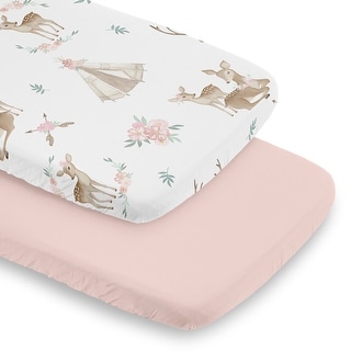 Sweet Jojo Designs Woodland Deer Floral Girl 2 Pack Baby Bassinet Fitted Sheets Pink Boho Bohemian Watercolor Forest Animal Chic