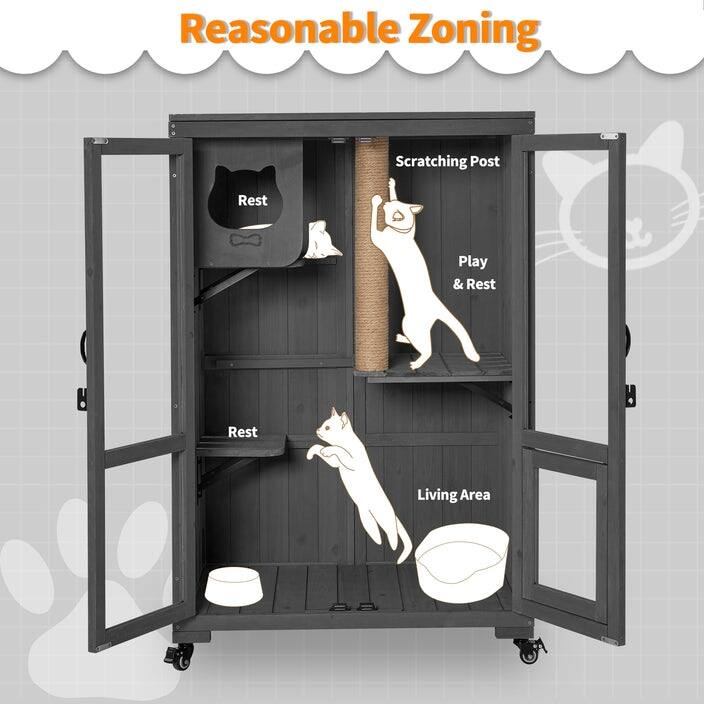Mcombo Luxury Cat House with Scratching Post, Wooden Large Cat Villa with Wheels, Multi-Feature Cat Condo with Escape Door CT83