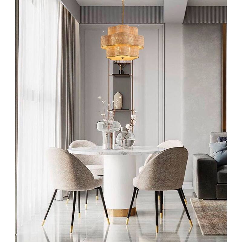 6-Light Brass Chandelier With A Nature Rattan Waved Basket Shade