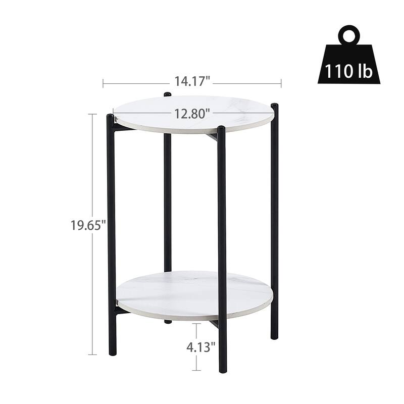 2-layer End Table with Whole Marble Tabletop, Round Coffee Table with Golden Metal Frame