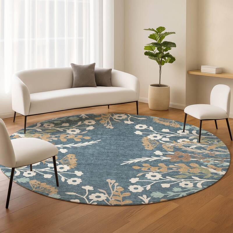 Machine Washable Indoor/ Outdoor Floral Border Chantille Rug