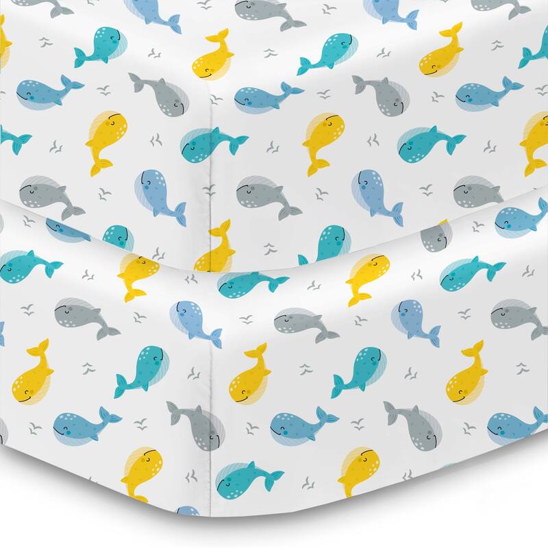 BreathableBaby Cotton Percale Fitted Sheet, For 52" x 28"/132 x 71 cm Crib & Toddler Bed Mattress, Prints (2-Pack) - Whales