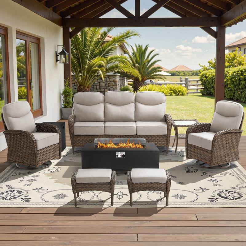 Meyreso 7-Piece Wicker Outdoor Patio Fire Pit Sofa Set with 6-Inch Thick Cushions - Brown Wicker - Beige Cushions