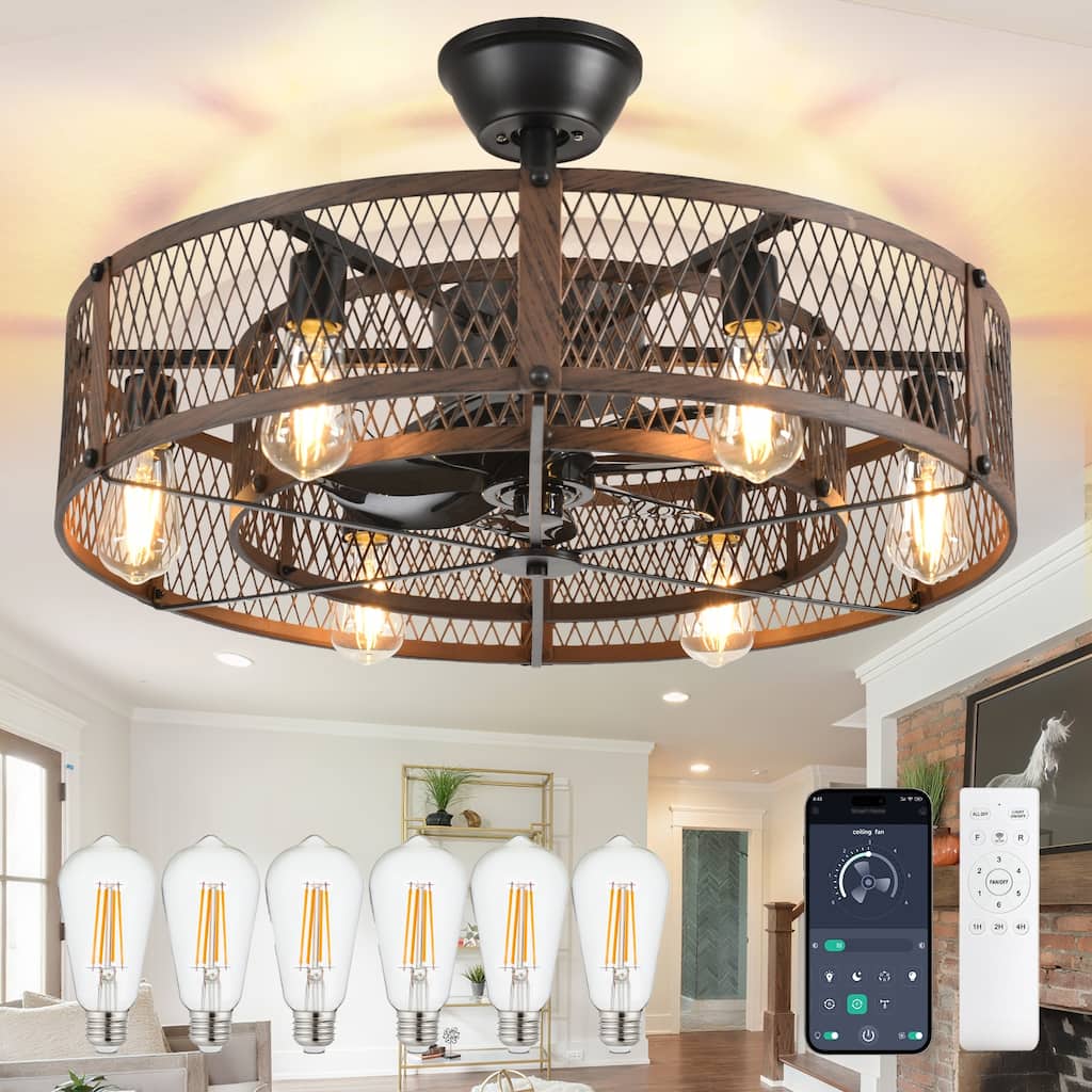 20-26" Caged outdoor Ceiling Fan with Light: Remote App Control-Farmhouse Fandelier Flush Mount Fixture Reversible 6 Speed Timer