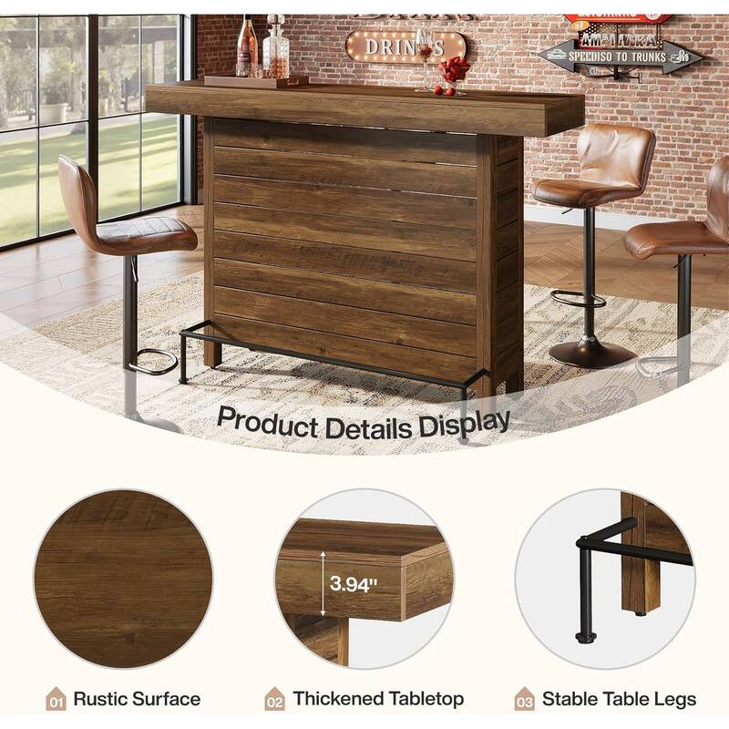 63" Wooden Rectangular Bar Table with Storage Shelves and Metal Footrest, Industrial 3-Tier Counter Height Pub Table