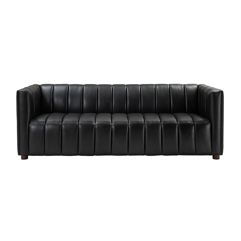 Olinto Modern 83''W Genuine Leather Tufted Couch Sofa with Channel Back and Solid Wood Legs by HULALA HOME