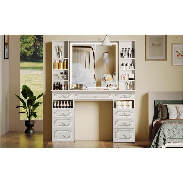 slide 2 of 34, White/ Black Makeup Vanity with Lighted Mirror,Extra Large Vanity Desk with 9 Drawers,European Style Vanities